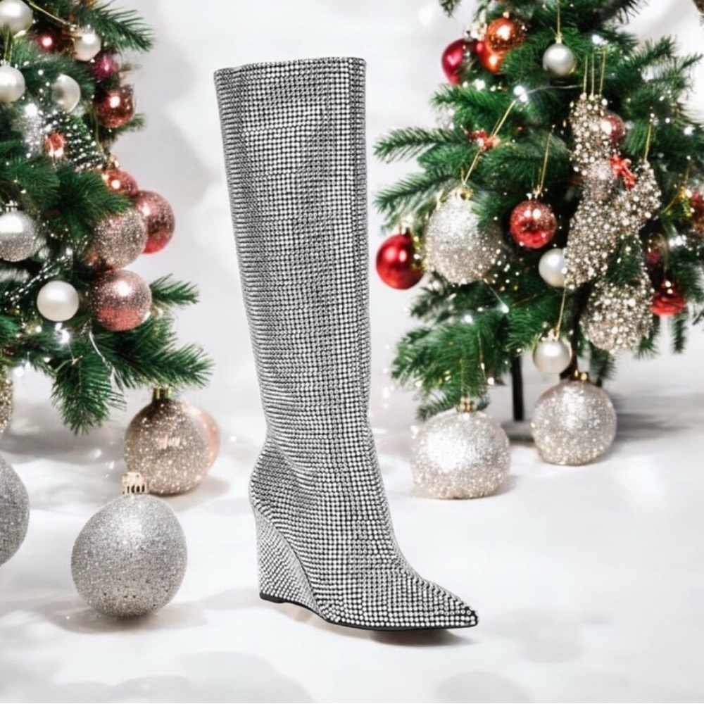 Gianni Bini GABORTWO Crystal Rhinestone Covered Pointy Toe Wedge Heel  Boots - Picture 3 of 10